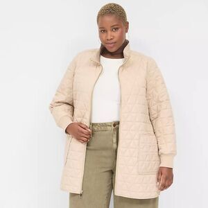 Lane Bryant 26/28 Beige Quilted Lightweight Full Gold Tone Zip Liner Jacket